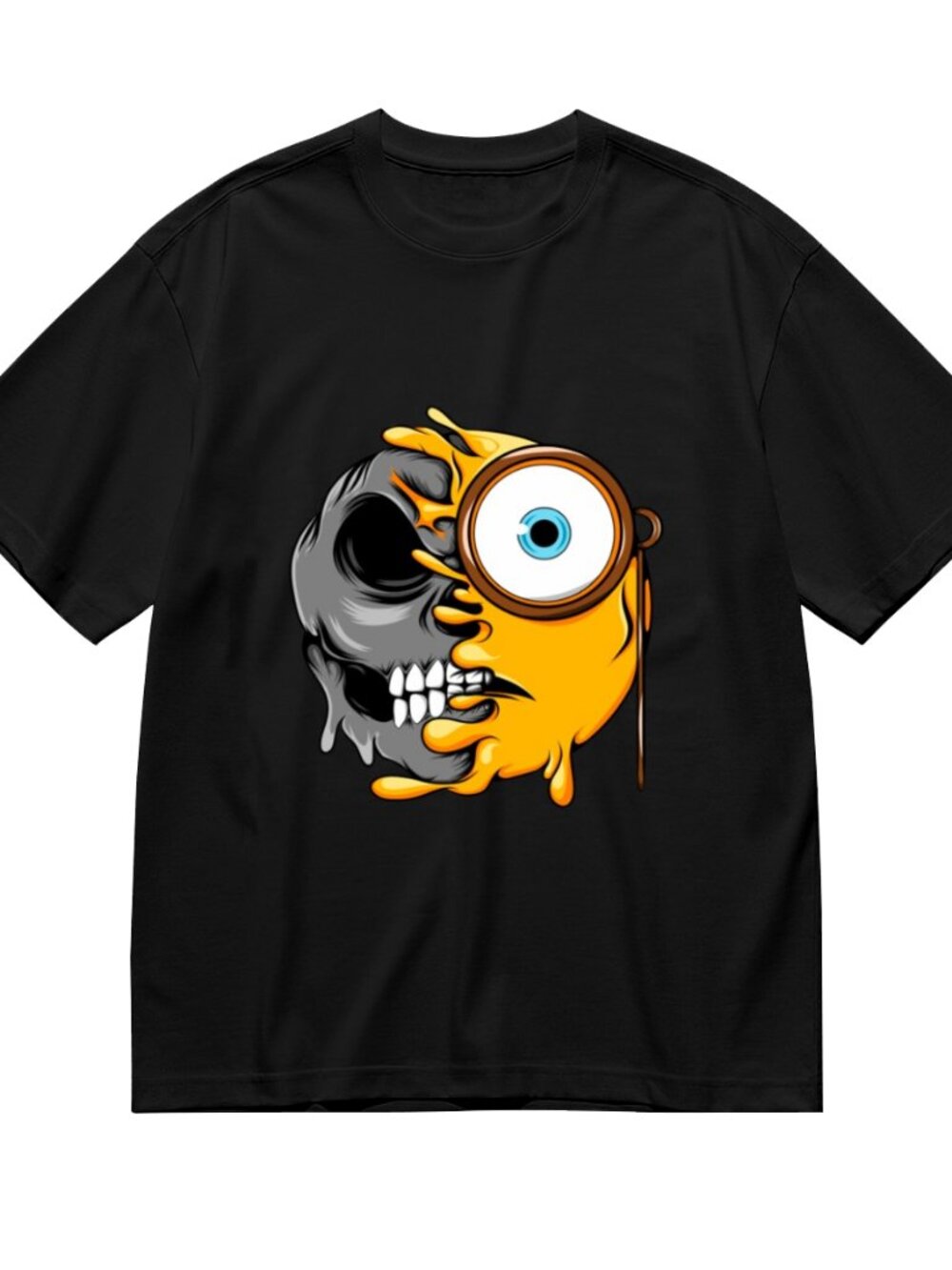 Black Short Sleeve Graphic T-Shirt with Yellow Skull-Minion Design - Picture 3 of 5